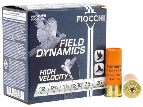 Fiocchi 12HV75 Field Dynamics High Velocity 12Gauge 2.75" 1 1/4oz 7.5Shot 25 Per Box/10 Case                                                                                                            