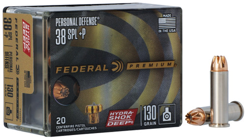 Federal P38HSD1 Premium Personal Defense 38Special+P 130gr Hydra-Shok Deep Hollow Point 20 Per Box/10 Case                                                                                              