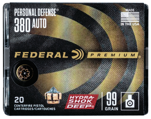 Federal P380HSD1 Premium Personal Defense 380ACP 99gr Hydra-Shok Deep Hollow Point 20 Per Box/10 Case                                                                                                   