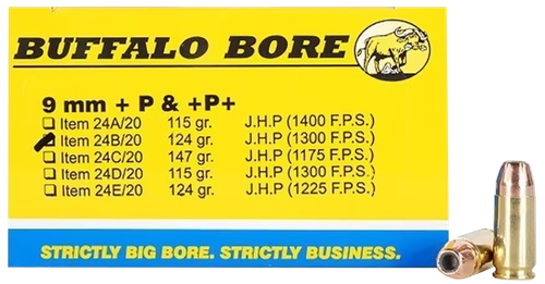 Buffalo Bore Ammunition 24B20 Personal Defense Strictly Business 9mmLuger +P+ 124gr Jacket Hollow Point 20 Per Box/12 Case                                                                              