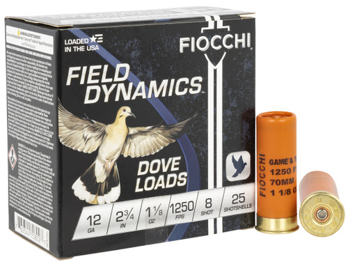 Fiocchi 12GTX188 Field Dynamics Dove & Quail 12Gauge 2.75" 1 1/8oz 8Shot 25 Per Box/10 Case                                                                                                             