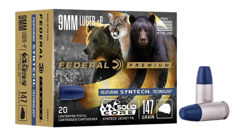 Federal P9SHC1 Premium  9mmLuger+P 147gr Solid Core Synthetic Flat Nose 20 Per Box/10 Case                                                                                                              