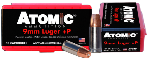 Atomic Ammunition 00409 Pistol Precision Craft 9mmLuger +P 124gr Bonded Match Hollow Point 50 Per Box/10 Case                                                                                           