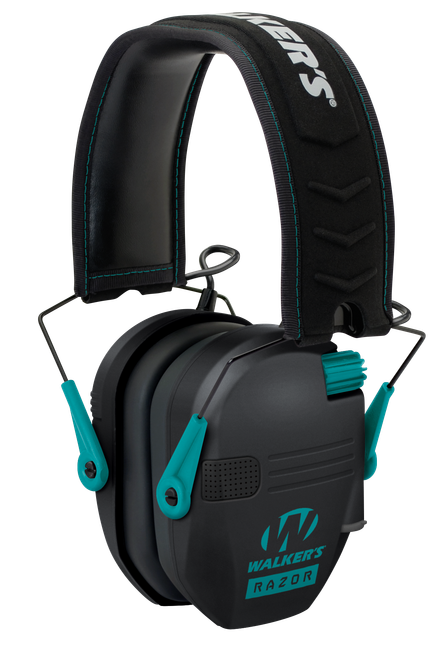Walker's GWPRSEMTL Razor Slim Electronic Muff 23 dB Over the Head Black Polymer w/Teal Accents                                                                                                          