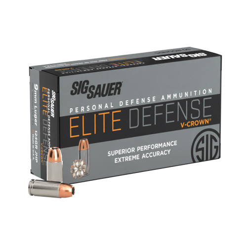 Sig Sauer Elite V-Crown Handgun Ammunition 9mm Luger 124gr JHP 1165 fps 50/ct Sig Sauer Elite V-Crown Handgun Ammunition 9mm Luger 124gr JHP 1165 fps 50/ct