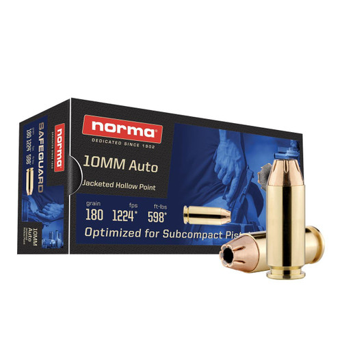 Norma Safeguard Handgun Ammunition 10mm Auto 180gr JHP 1224 fps 50/ct Norma Safeguard Handgun Ammunition 10mm Auto 180gr JHP 1224 fps 50/ct