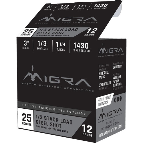 Migra Waterfowl Steel Shot Shotshells 12 ga 3" 1-1/4 oz 1430 fps 1/3 25/ct Migra Waterfowl Steel Shot Shotshells 12 ga 3" 1-1/4 oz 1430 fps 1/3 25/ct