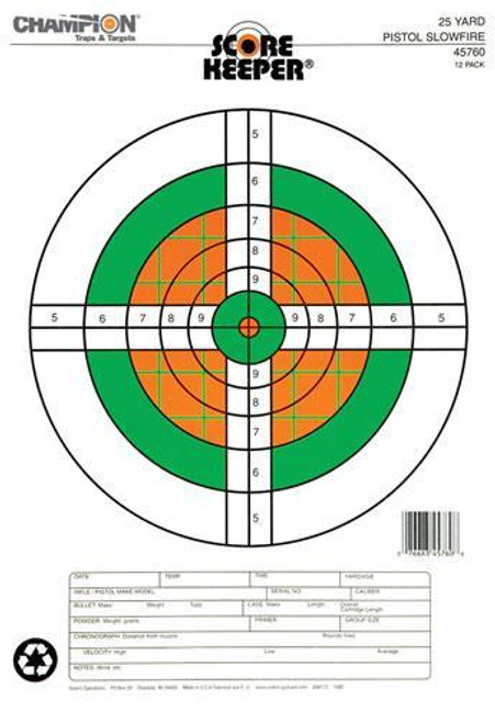 Champion Scorekeeper Targets Fluorescent Orange & Green Bull - 25 yd. Pistol Slow Fire 12/Pack Champion Scorekeeper Targets Fluorescent Orange & Green Bull - 25 yd. Pistol Slow Fire 12/Pack