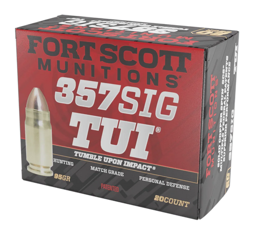 Fort Scott Munitions Tumble Upon Impact (TUI) 357Sig 95gr Solid Copper Spun 20 Per Box/25 Case Fort Scott Munitions Tumble Upon Impact (TUI) 357Sig 95gr Solid Copper Spun 20 Per Box/25 Case