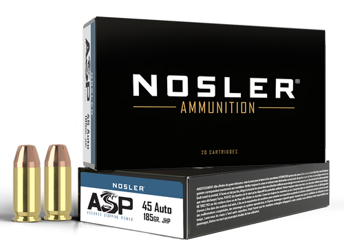 Nosler Assured Stopping Power Handgun 45ACP 185gr Jacketed Hollow Point 50 Per Box/10 Case                                                                                                        