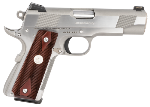 Colt Combat Elite Commander 1911 45 ACP 8+1 4.25" Stainless National Match Barrel Brushed Stainless Serrated Slide & Frame Double Diamond Checkered Wood Grip