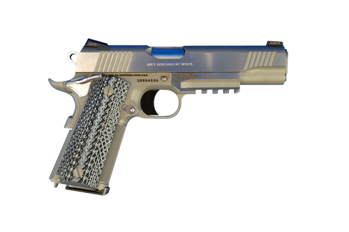 Colt Mfg 1911 Government 45 ACP 7+1, 5" Stainless National Match Barrel Serrated Slide & Frame w/Picatinny Rail Double Diamond Checkered Wood Grip                                          