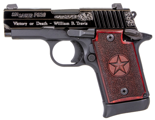Sig Sauer P938 Texas Engraved Silver 9mm Luger 3" 7+1 Stainless Steel with Silver Accents Slide Redwood Grip                                