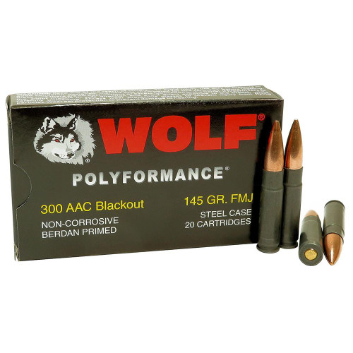 Wolf Polyformance Rifle Ammunition .300 Blackout 145gr FMJ 1985 fps 20/ct Wolf Polyformance Rifle Ammunition .300 Blackout 145gr FMJ 1985 fps 20/ct