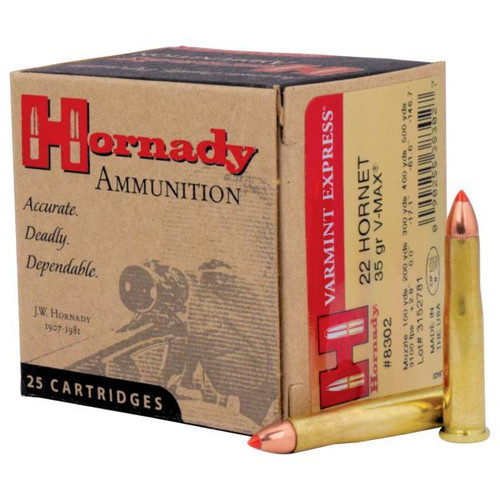 Hornady Varmint Express Rifle Ammunition .22 Hornet 35 gr V-MAX 3100 fps 25/ct Hornady Varmint Express Rifle Ammunition .22 Hornet 35 gr V-MAX 3100 fps 25/ct