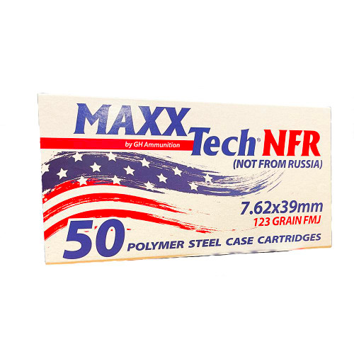 Maxxtech NFR Steel Case Rifle Ammunition 7.62x39mm 123gr FMJ Boxer Primed 2330 fps 50/ct Maxxtech NFR Steel Case Rifle Ammunition 7.62x39mm 123gr FMJ Boxer Primed 2330 fps 50/ct