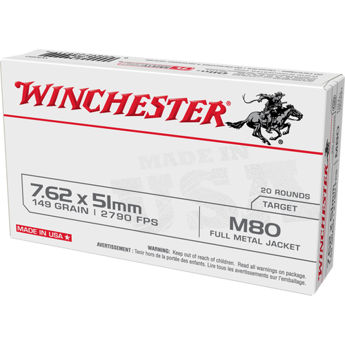 Winchester USA Lake City M80 Rifle Ammunition 7.62x51mm 149 gr. FMJ 2790 fps 20/ct Winchester USA Lake City M80 Rifle Ammunition 7.62x51mm 149 gr. FMJ 2790 fps 20/ct