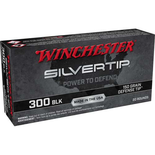 Winchester Silvertip Defender Rifle Ammunition .300 AAC Blackout 150 gr. Defense Tip 1900 fps 20/ct Winchester Silvertip Defender Rifle Ammunition .300 AAC Blackout 150 gr. Defense Tip 1900 fps 20/ct
