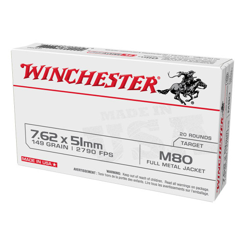 Winchester USA Lack City M80 Rifle Ammunition 7.62x51mm M80 149 gr. FMJ 2790 fps 20/ct Winchester USA Lack City M80 Rifle Ammunition 7.62x51mm M80 149 gr. FMJ 2790 fps 20/ct