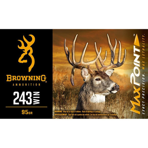 Browning Max Point Rifle Ammunition 243 Win 95gr PT 3100 fps 20/ct Browning Max Point Rifle Ammunition 243 Win 95gr PT 3100 fps 20/ct