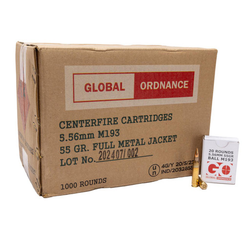 Global Ordnance M193 Rifle Ammunition 5.56mm 55gr FMJ 3162 fps 1000/ct Case (50-20/ct Boxes)