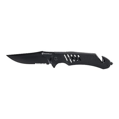 Smith & Wesson Extreme Ops Folding Knife 3-1/2" Clip Point Blade Black with Glass Breaker and Strap Cutter