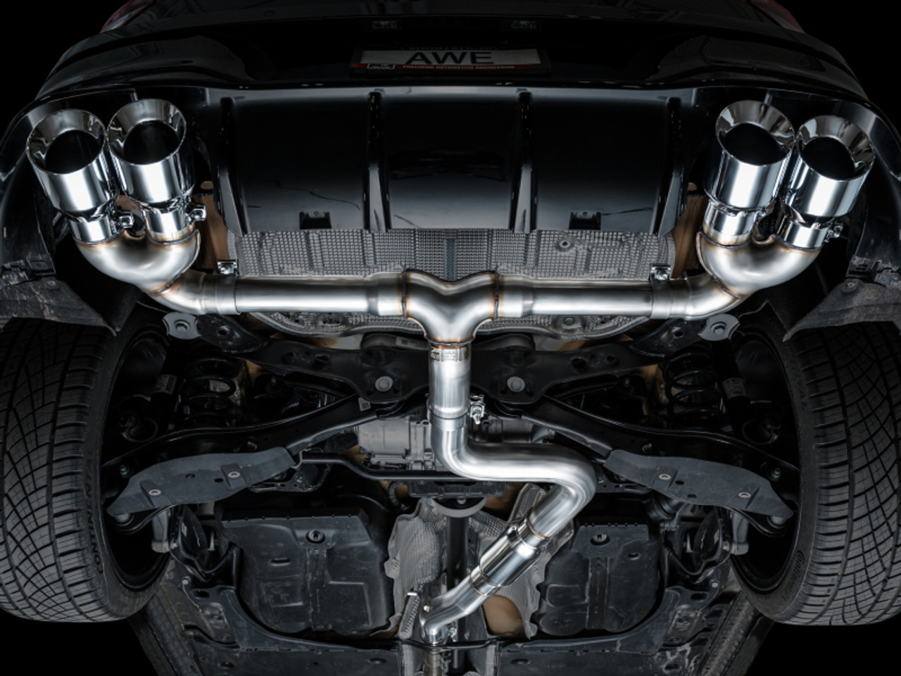 AWE MK8 Volkswagen Golf R 3in Track Edition Quad Exhaust - Chrome Silver Tips - 3020-42658 Photo - Mounted