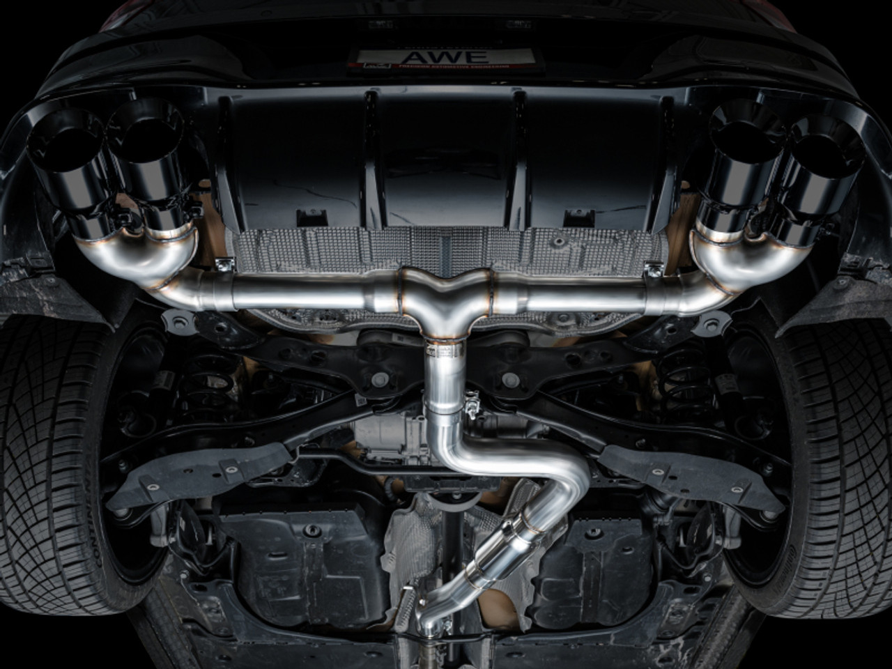 AWE MK8 Volkswagen Golf R 3in Track Edition Quad Exhaust - Diamond Black Tips - 3020-43658 Photo - Mounted