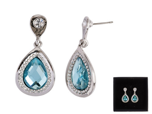 Steel Sapphire Jewelled Drop Earring Aqua Rhodium Plated