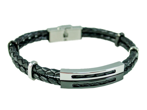 Steel Sapphire Double Black Leather Wrist Band Stainless Steel