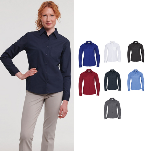 Russell Collection Women's long sleeve polycotton easycare poplin shirt