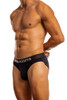 Man wearing barritone blue Jack Adams Bamboo Briefs (profile view) on a white background