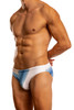 Man wearing a blue/white pair of Jack Adams Azure Current Low-Rise Swimsuit (profile view) on a white background.