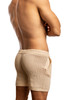 Man wearing cream Jack Adams Roddy Crochet Knit Shorts (back view) on a white background