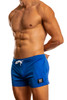 Shirtless man wearing a pair of Jack Adams' royal Mesh Axis 4" Short (front view) on a white background.