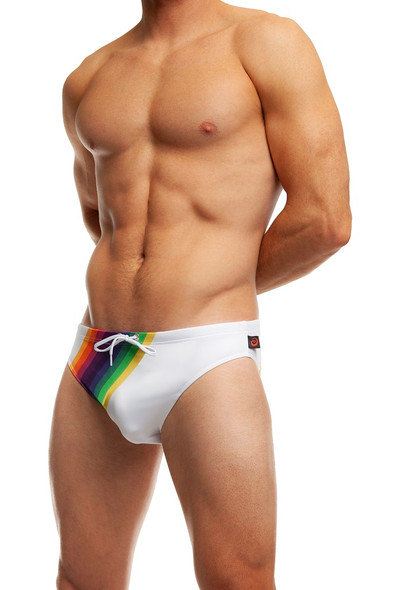 Jack Adams Rainbow Swim Brief in white  (profile view) - premium,  fashionable and fun swimsuits, swim briefs, swim trunks and swim bikinis 


