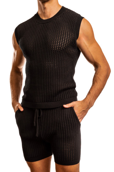 Man wearing cream Jack Adams Roddy Crochet Knit Tank Top (profile view) on a white background