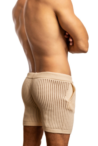 Man wearing cream Jack Adams Roddy Crochet Knit Shorts (back view) on a white background