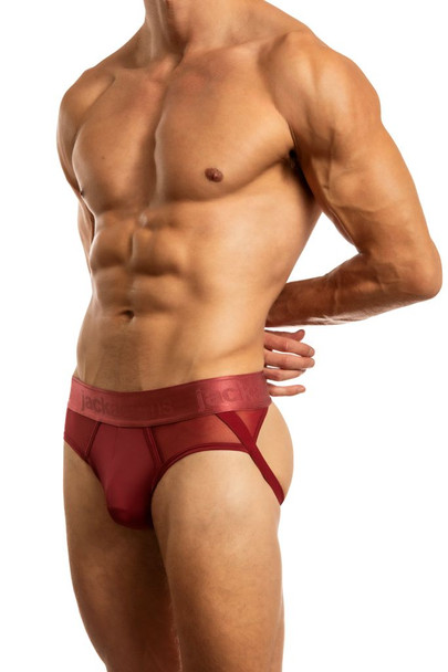 Jack Adams Monochrome Mesh Jock Brief in tibetan red (profile view) - men's sexy, premium, functional underwear, jockstraps and thongs