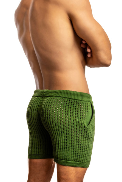 Man wearing army Jack Adams Roddy Crochet Knit Shorts (profile view) on a white background