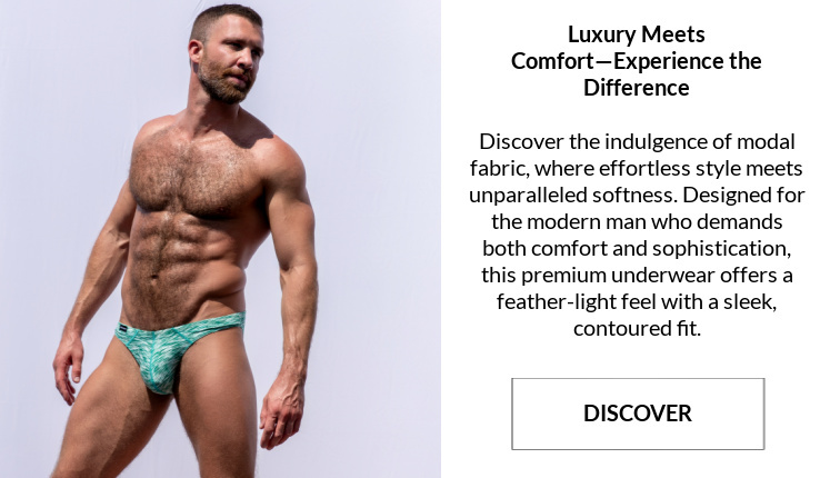 Luxury meets comfort - experience the difference.  Discover the Filament Collection.  Image:  Modal only wearing a pair of Jack Adams Filament Bikini Briefs in cool vibe.