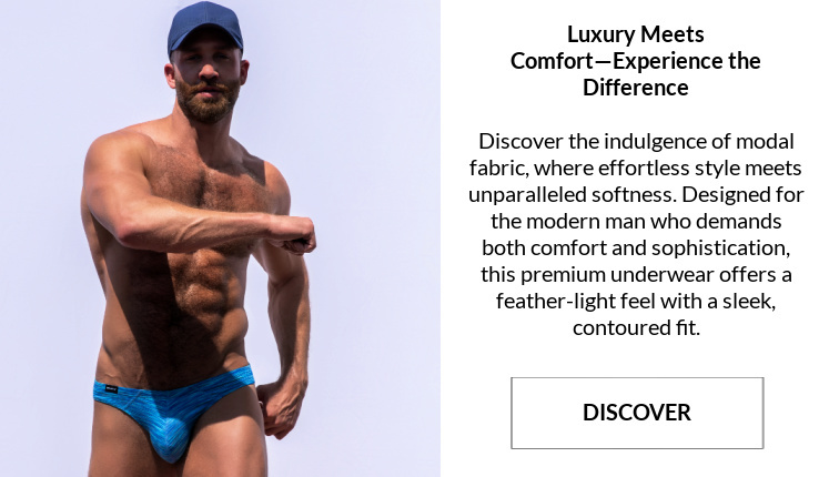 Luxury meets comfort - experience the difference.  Image:  Modal wearing a pair of Jack Adams USA Filament Bikini Briefs in blue heaven.