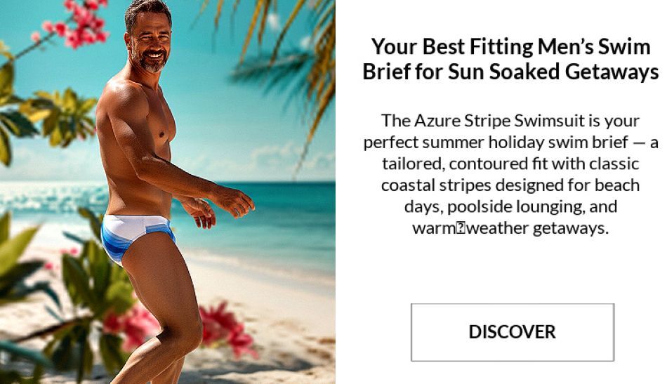 Man standing on a beach wearing pair of Jack Adams' Azure Stripe Swimuit.  