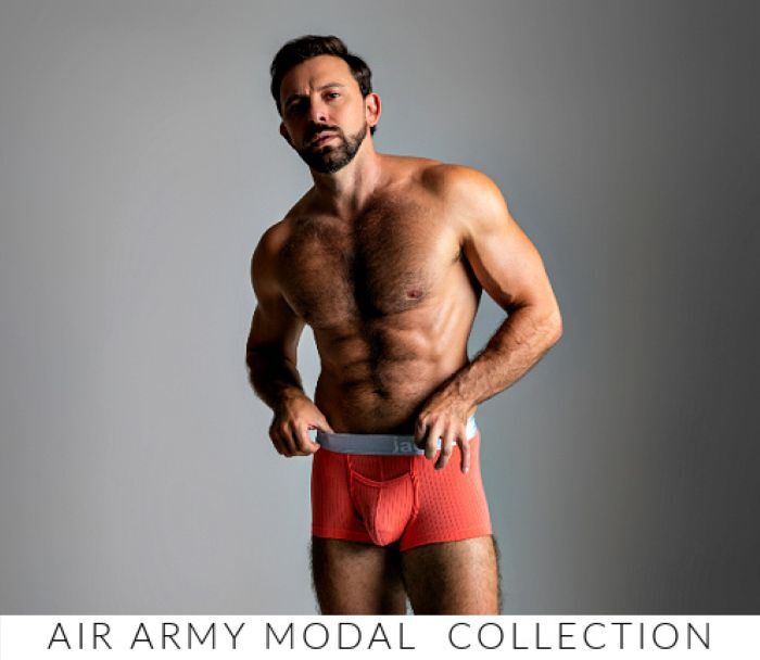 Shop the Jack Adams Air Army Wide Ribbed Modal Collection. Image: Model wearing a pair of Jack Adams Air Army Wide Ribbed Modal Trunks in dubarry.