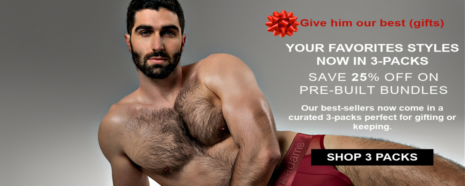 Give him our best (gifts). Your favorite styles now in 3-packs. Save 25% off on pre-built bundles.   Image:  Model wearing a pair of  Jack Adams Monochrome Mesh Brief in tibetian red.