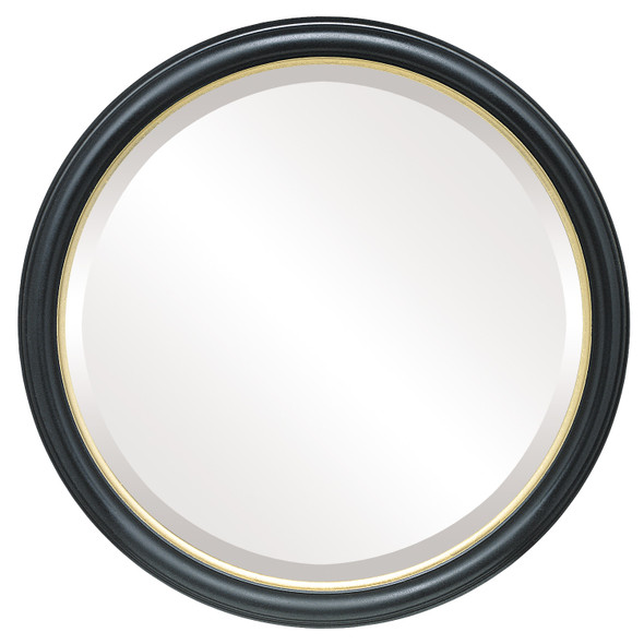 Hamilton Beveled Round Mirror Frame in Gloss Black with Gold Lip