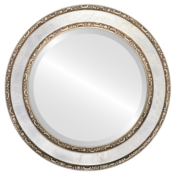 Monticello Beveled Round Mirror Frame in Silver Leaf with Brown Antique