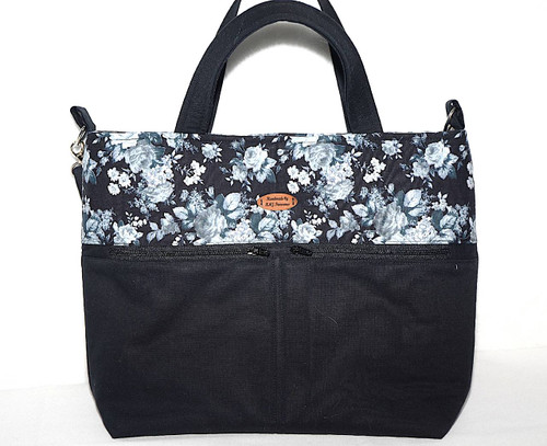 Purses / HB-P-4: Grey Flowers (Black - Rectangular Design)
