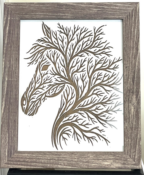 Wall Art - Words of Wisdom / HD-WAWI-312: Engraved Image: Tree Scene - Horse - Laser Engraved Picture with Black Frame