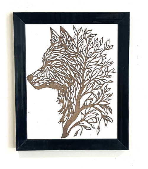 Wall Art - Words of Wisdom / HD-WAWI-313: Engraved Image: Tree Scene - Wolf - Laser Engraved Picture with Black Frame